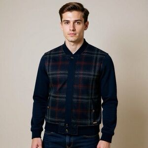 Ted Baker London Mens Small Wool Blend Plaid Full Zip Jacket Navy Blue Size 4